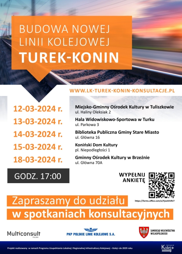 Zapraszamy serdecznie do udziału w konsultacjach w sprawie budowy nowej linii kolejowej Turek-Konin