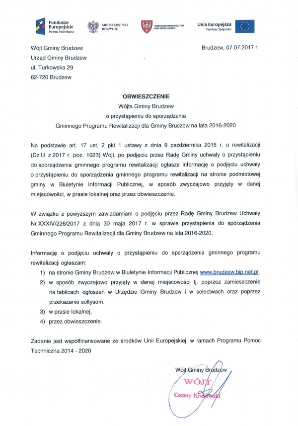 Obwieszczenie Wójta Gminy Brudzew o przystąpieniu do sporządzenia Gminnego Programu Rewitalizacji dla Gminy Brudzew na lata 2016-2020